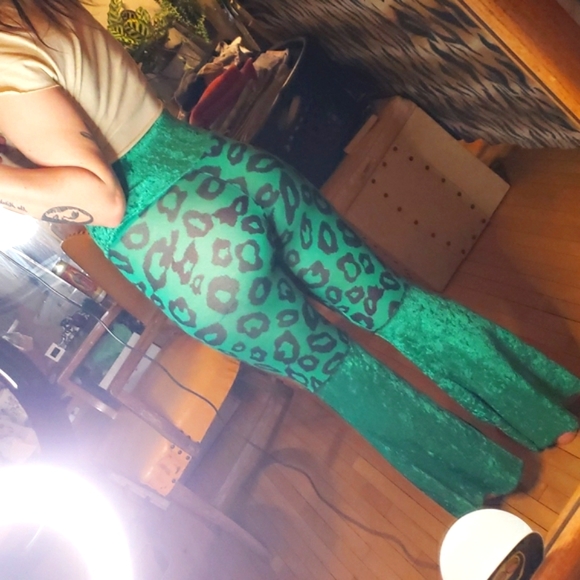 Leopard Print Velour Turquoise/Emerald Festival Dance Burning Man Rave Pants - Picture 2 of 9